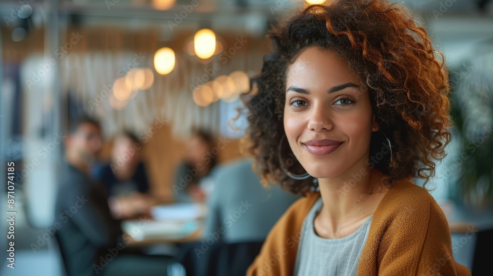 A young woman with a pleasant smile, wearing a brown sweater, sitting in a cozy, modern office environment, surrounded by papers and a laptop, engaging in a meeting. A young woman with a pleasant smile, wearing a brown sweater, sitting in a cozy, modern office environment, surrounded by papers and a laptop, engaging in a meeting.