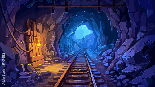 Deep Mining Cave with Railway Tunnel Cartoon Background Underground Mine Exploration Dark Industrial Setting for Game Environment Ore Extraction Underground Railway System Mining