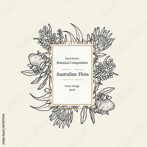 Line art Australian flowers frame. Banksia seed pod, wattle, protea, eucalyptus