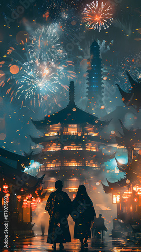 Couple in traditional Hanfu attire admiring fireworks under ancient Chinese architecture at night, showcasing the rich cultural heritage and romantic ambiance of China’s historical celebration.