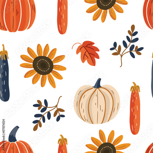 Vector seamless pattern with autumn harvest pumpkins on white background.
