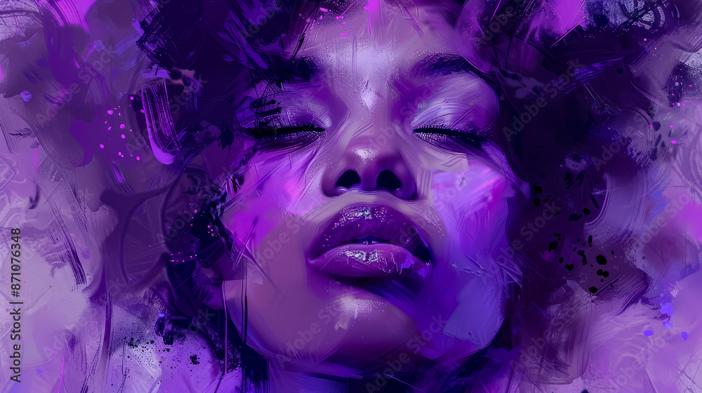 Abstract Portrait of a Woman with Closed Eyes in Shades of Purple - Expressive Digital Art Depicting Tranquility and Depth