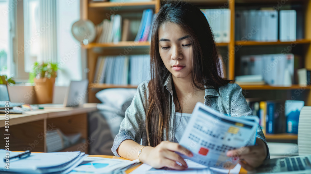 Focused Young Woman Analyzing Documents in a Modern Office Setting with Bookshelves in the Background Focused Young Woman Analyzing Documents in a Modern Office Setting with Bookshelves in the Background