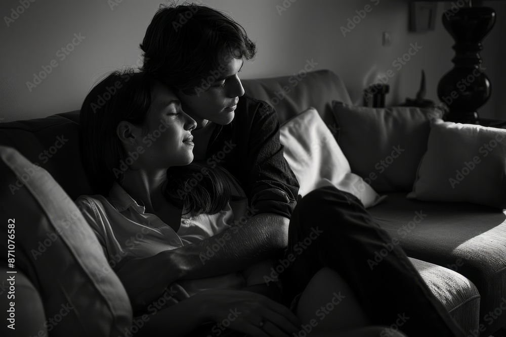 Black and white image of a young couple sitting on the sofa at home Black and white image of a young couple sitting on the sofa at home