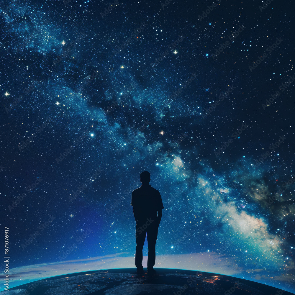 A concept depicting zodiac signs and horoscopes, showing a silhouette of a black man on Earth gazing up at a starry dark sky adorned with constellations. A concept depicting zodiac signs and horoscopes, showing a silhouette of a black man on Earth gazing up at a starry dark sky adorned with constellations.
