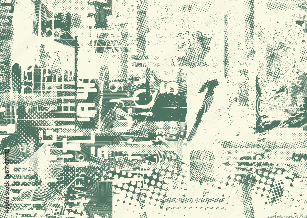 Glitch distorted grungy abstract forms . Cyber punk seamless pattern texture. Halftone dots .Futuristic background . Glitched shapes with dots and lines .Screen print endless pattern texture