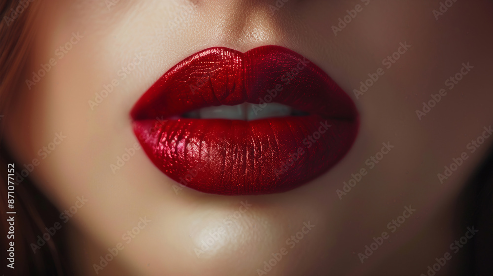 Close-up of a woman's lips with glossy red lipstick, radiating seductive elegance and timeless beauty. Perfect for makeup and glamour themes. Close-up of a woman's lips with glossy red lipstick, radiating seductive elegance and timeless beauty. Perfect for makeup and glamour themes.