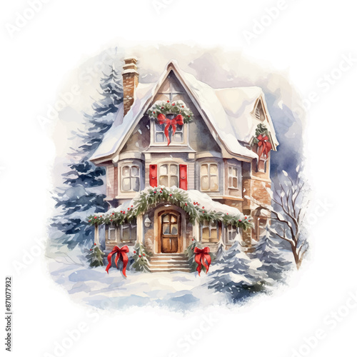 A house with a red roof and white trim. The house is decorated with red ribbons and has a Christmas tree on the porch