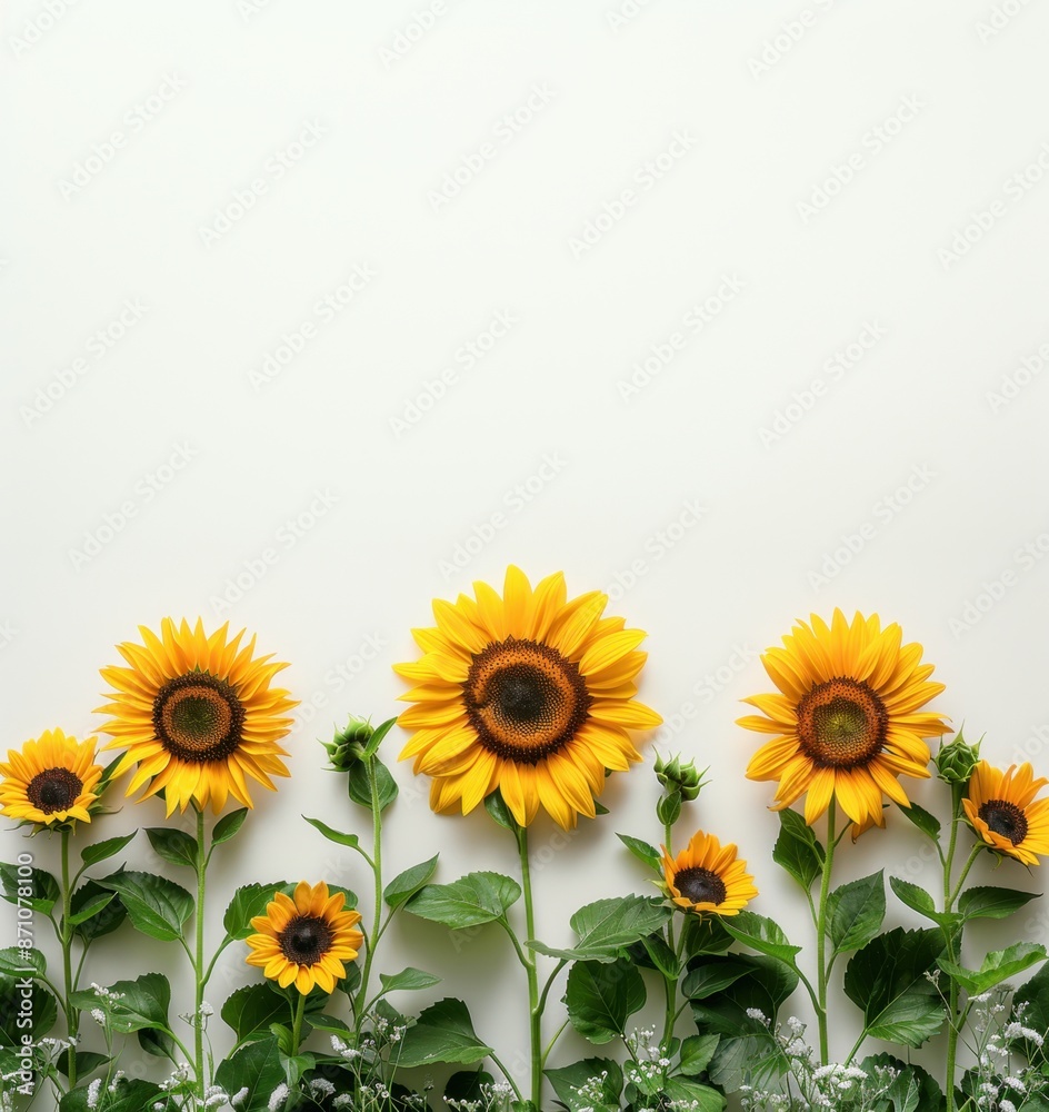 Fototapeta premium Sunflower flatlay background for product mockup scene creator. Extra space for text copy.