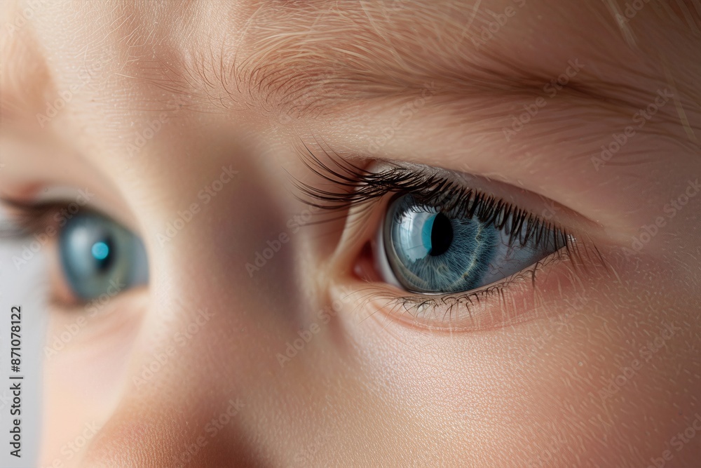 Close-up of blue-eyed child's face displaying innocence and curiosity. Detailed view of eye lashes and deep expression. Close-up of blue-eyed child's face displaying innocence and curiosity. Detailed view of eye lashes and deep expression.