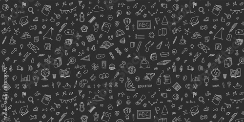Back to school seamless pattern with hand drawn patterns on gray background. Elements of school accessories, stationery, etc. Vector illustration background element.