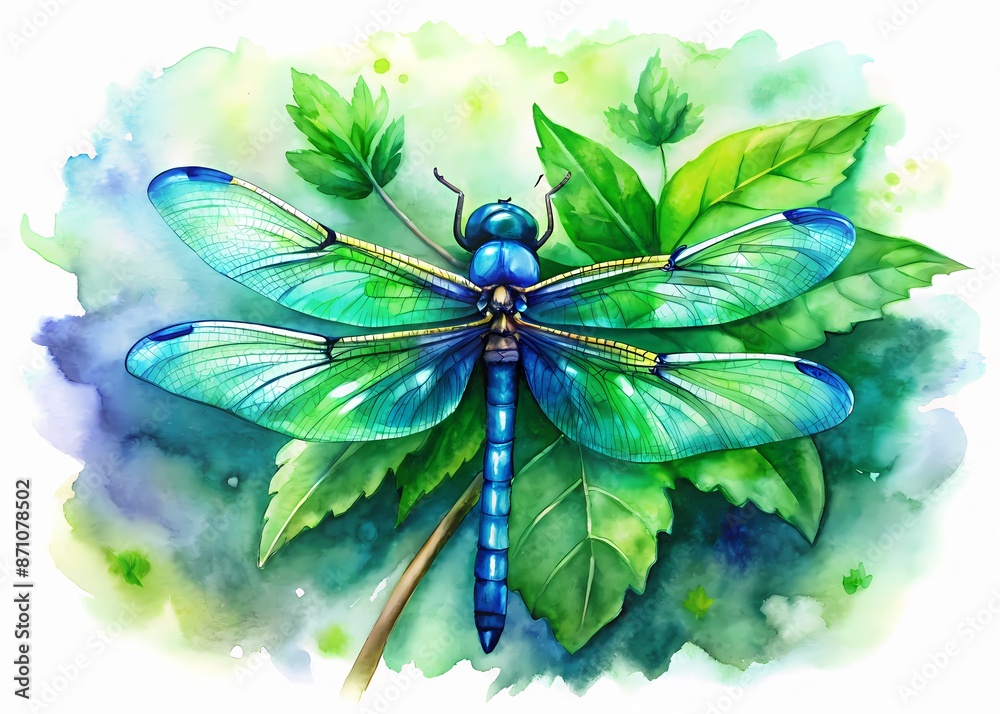 Vibrant blue and green dragonfly perches on a leafy branch, its ...