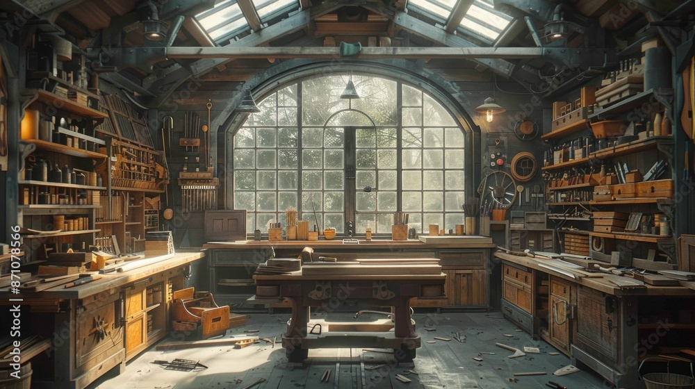 A Craftsmans Workshop Bathed in the Golden Hour Light. Generative AI A Craftsmans Workshop Bathed in the Golden Hour Light. Generative AI