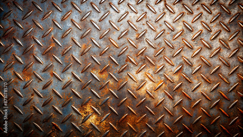 Rusty metal background or texture. Rusty metal sheet with rhombus pattern.