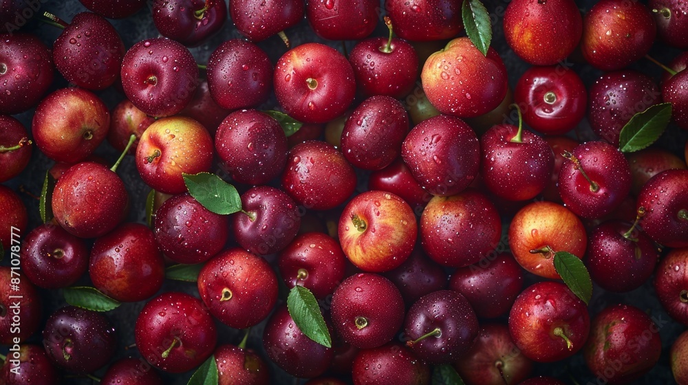 A Symphony of Red: A Close-Up of Ripe Plums Glistens Under the Morning Dew. Generative AI A Symphony of Red: A Close-Up of Ripe Plums Glistens Under the Morning Dew. Generative AI