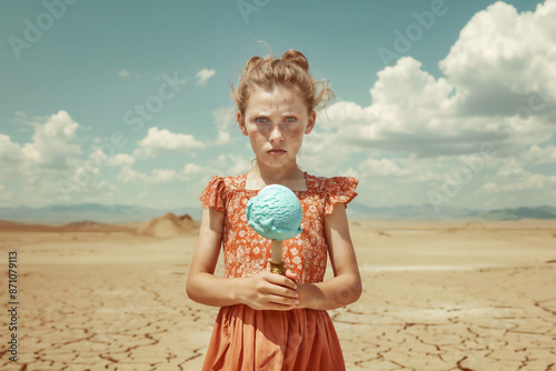 Girl in an orange dress holding a melting blue ice cream cone, standing in a cracked, arid landscape under a cloudy sky