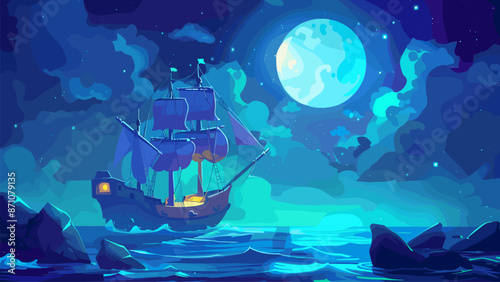 Frigate on the Night Sea Cartoon Game Background Adventure Ship Ocean Waves Stars Moon Night Sky Maritime Nautical Exploration Sailing Voyage Illustration Treasure Island Journey