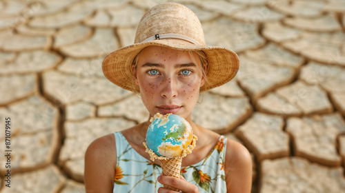Woman in a straw hat holding a melting ice cream cone with Earth as the scoop, standing against a cracked, dry landscape
