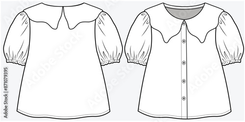 PETER PAN COLLAR WOVEN TOP WITH PUFF SLEEVES DETAIL DESIGNED FOR TODDLER GIRL AND KID GIRL IN VECTOR FILE