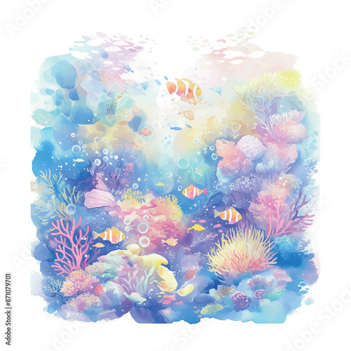 A colorful underwater scene with fish and coral