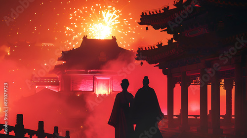 Couple in traditional Hanfu attire admiring fireworks under ancient Chinese architecture at night, showcasing the rich cultural heritage and romantic ambiance of China’s historical celebration. photo