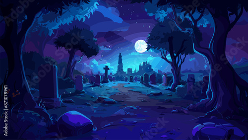 Gothic Cemetery Night Landscape Cartoon Game Level Illustration Environment Design Graveyard Tombstones Spooky Atmosphere Moonlight