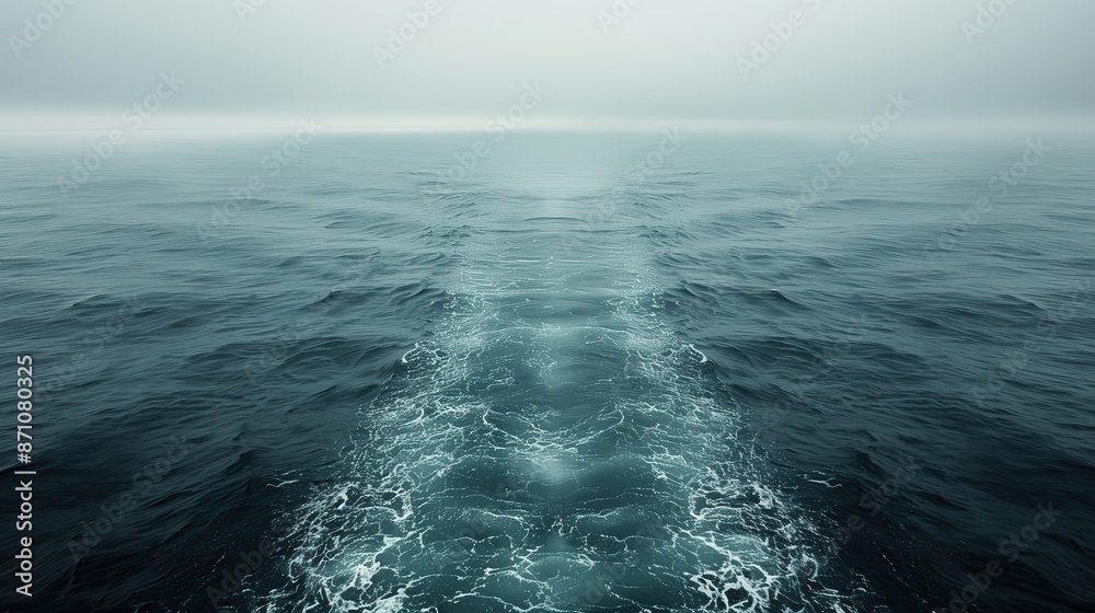 Fototapeta premium A boat sailing on the ocean, surrounded by thick fog, with water stretching into the misty distance