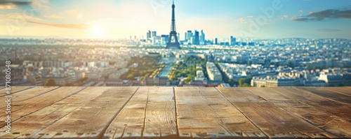 A wooden table with a view of Paris and the Eiffel Tower. Free copy space for text.