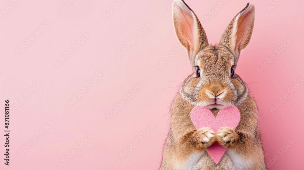 Fototapeta premium A Charming Brown Rabbit Graciously Holding a Pink Heart Cutout, Set Before a Pink Background, Exuding Affection and Tenderness