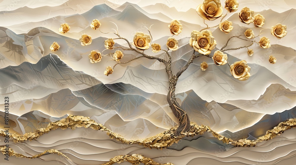 Golden Roses on Trees in Majestic Mountain Landscapes. 3D mural background and wallpaper. High quality AI generated image Golden Roses on Trees in Majestic Mountain Landscapes. 3D mural background and wallpaper. High quality AI generated image