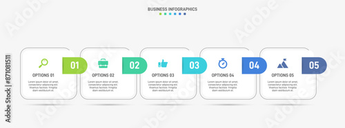 Horizontal progress bar featuring 5 arrow-shaped elements, symbolizing the five stages of business strategy and progression. Clean timeline infographic design template. Vector for presentation