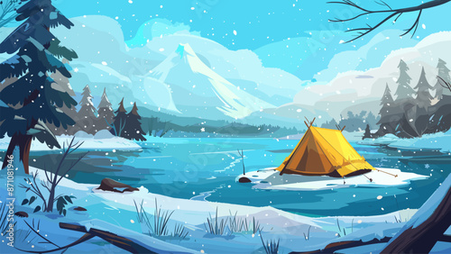 Ice-Covered Lake with Yellow Fisherman s Tent on It Cartoon Game Background Winter Fishing Outdoor Adventure Frozen Waterhole Ice Fishing Shelter Snowy Landscape Wilderness