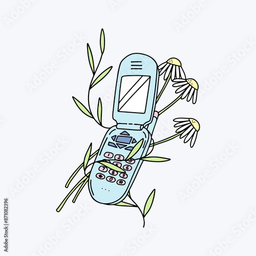 Vector Y2K image for printing on merch. 2000s vibes. Naive art. Vector Naive Line illustration of the Flip Phone with daisies