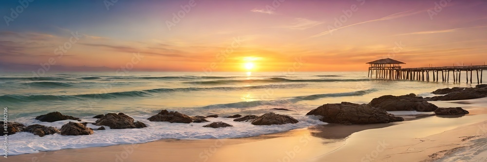 Sunset at the beach evening wide banner background Sunset at the beach evening wide banner background