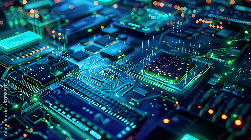 Detailed depiction of edge computing showcasing the benefits of this technology with vibrant blue and green elements set against a dark high-tech background Detailed depiction of edge computing showcasing the benefits of this technology with vibrant blue and green elements set against a dark high-tech background
