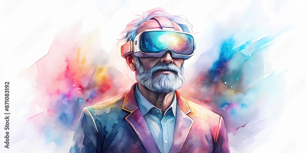 stylish mature elderly man wearing VR headset with glowing neon lines on colorful background stylish mature elderly man wearing VR headset with glowing neon lines on colorful background