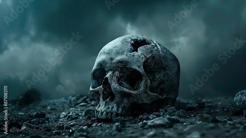 Weathered skull under stormy sky. Eerie image of a weathered human skull on barren ground with dark, stormy clouds in the background.