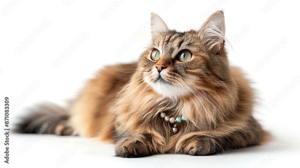 Elegant long-haired tabby cat with green eyes wearing a beaded collar on a white background Elegant long-haired tabby cat with green eyes wearing a beaded collar on a white background