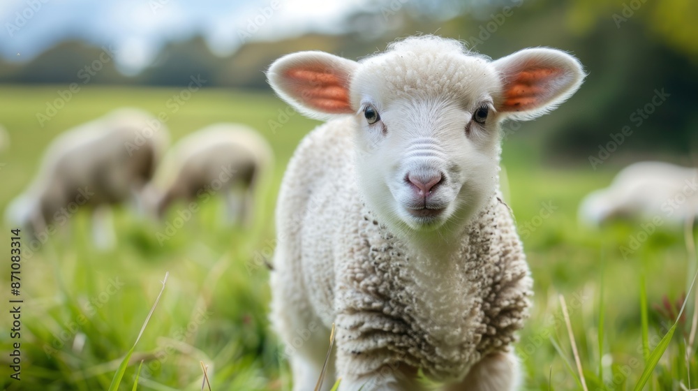 Adorable lamb in green pasture. A close-up of a cute baby lamb standing in a vibrant green field, other sheep graze softly in the background. Adorable lamb in green pasture. A close-up of a cute baby lamb standing in a vibrant green field, other sheep graze softly in the background.