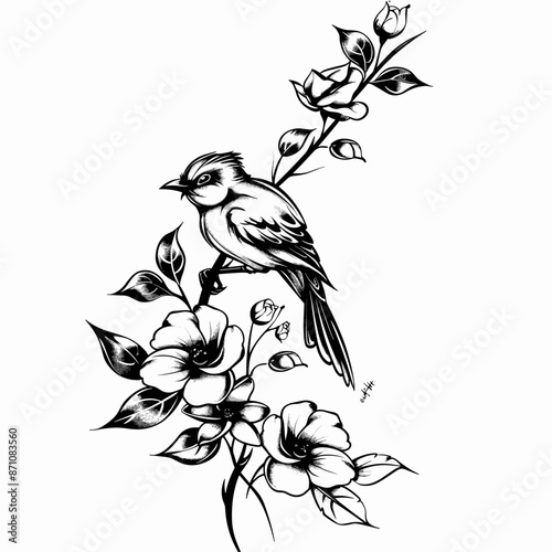 A black and white drawing of a bird sitting on a branch with flowers in the background. The bird is perched on a branch with a flower in its beak. Concept of serenity and peacefulness