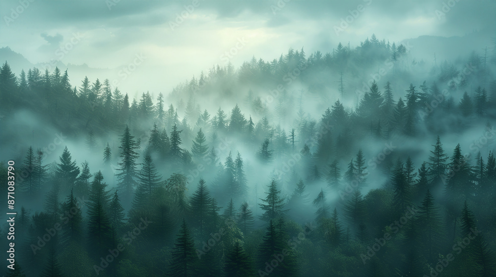 Misty evergreen forest landscape, with dense fog rolling over tall trees, creating a serene and moody atmosphere. Misty evergreen forest landscape, with dense fog rolling over tall trees, creating a serene and moody atmosphere.