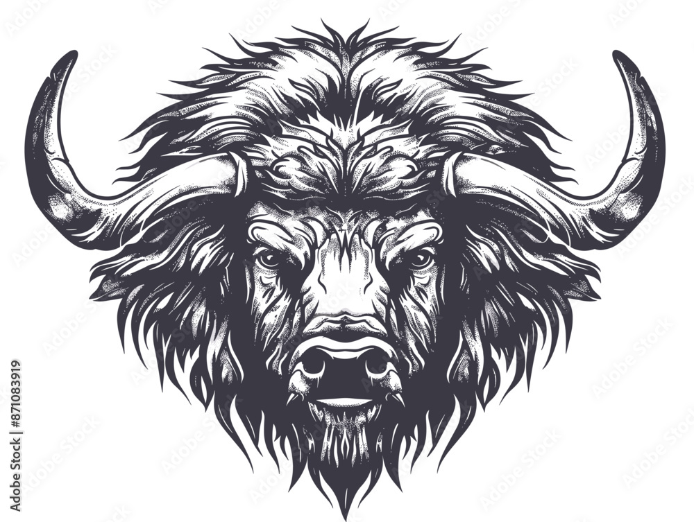 A black and white drawing of a bull with horns. The horns are large and pointy. The bull has a fierce look on its face A black and white drawing of a bull with horns. The horns are large and pointy. The bull has a fierce look on its face