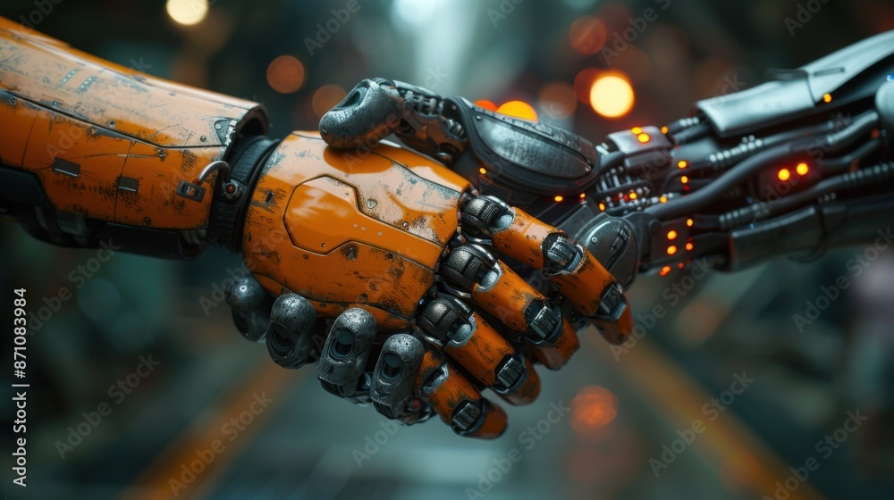 Close-up of a Robot handshake between business partners Close-up of a Robot handshake between business partners