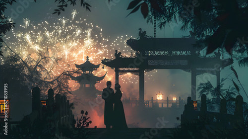 Couple in traditional Hanfu attire admiring fireworks under ancient Chinese architecture at night, showcasing the rich cultural heritage and romantic ambiance of China’s historical celebration. photo