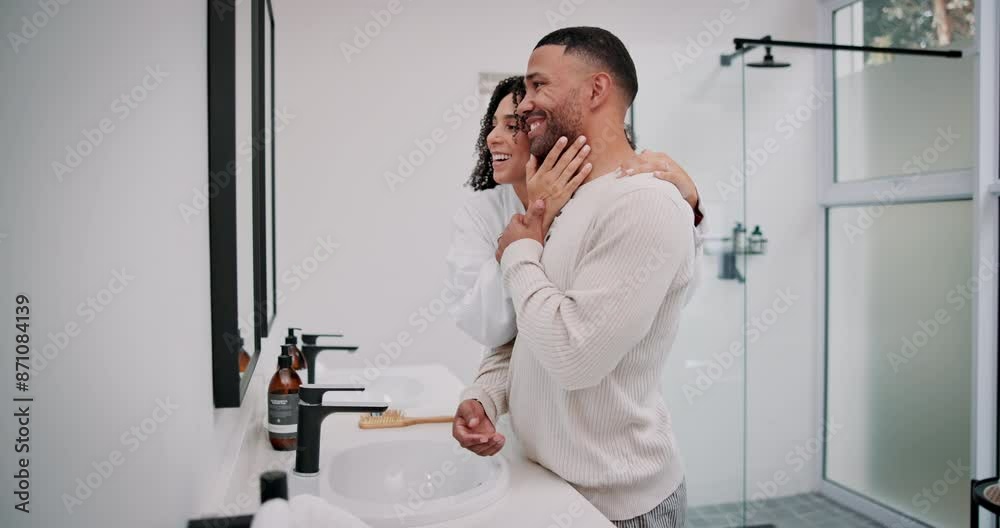 Bathroom, couple and love with support in home, wellness and care with hug in marriage with embrace. Happy people, woman and man for morning routine, grooming and bonding together in modern house Bathroom, couple and love with support in home, wellness and care with hug in marriage with embrace. Happy people, woman and man for morning routine, grooming and bonding together in modern house