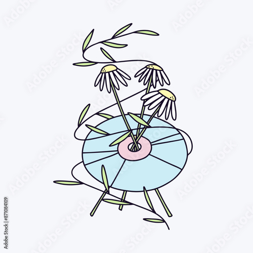 Vector Line Y2K illustration of the CD with daisies.   2000s image for printing on merch.