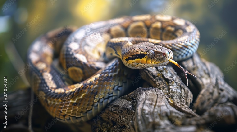 Ball python resting on wood. Close-up of a ball python coiled on a piece of wood, showcasing its beautiful pattern and forked tongue. Ball python resting on wood. Close-up of a ball python coiled on a piece of wood, showcasing its beautiful pattern and forked tongue.