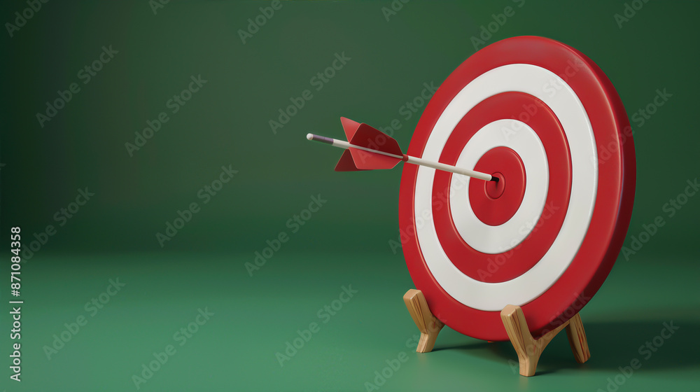 Red and white target with arrow in the bullseye on a green background, symbolizing precision and goal achievement. Red and white target with arrow in the bullseye on a green background, symbolizing precision and goal achievement.