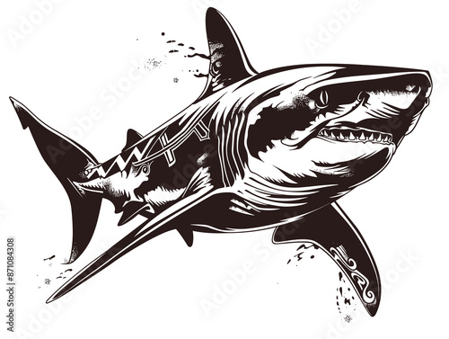 A black and white drawing of a shark with a white stripe on its tail. The shark is swimming in the ocean