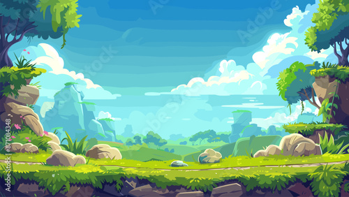 Large Stones Grass Trees Path Cartoon Game Background Bright Blue Sky Game Level Illustration Landscape Design Nature Environment Scenic View